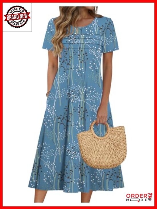 Dresses & Skirts - Short Sleeve Flare Midi Dress with Pockets Pleated Front Summer